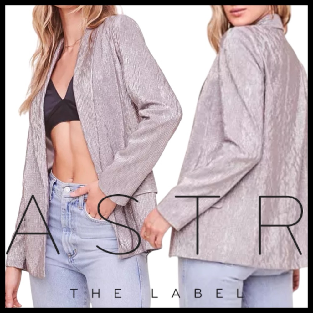ASTR The Label Pewter Metallic Shimmer Crinkle Ayla Blazer Jacket (L)